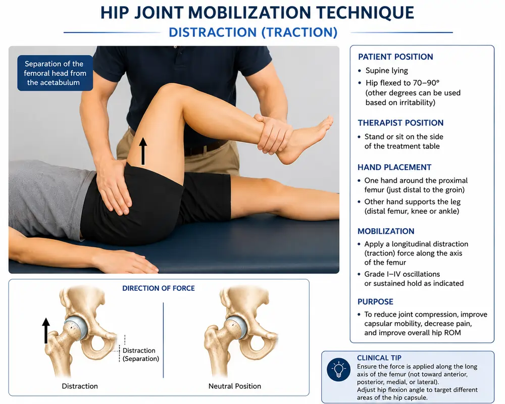 Hip joint mobilization technique distraction