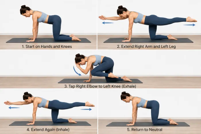 Kneeling leg and arm extension with knee tap