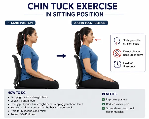 Chin tuck exercise in sitting position